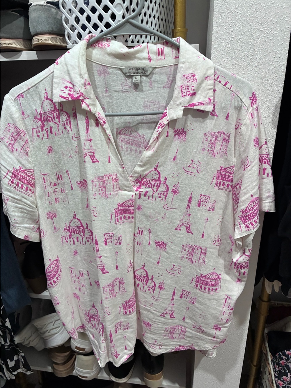 LinenBlend White & Pink Printed Short-Sleeve Blouse